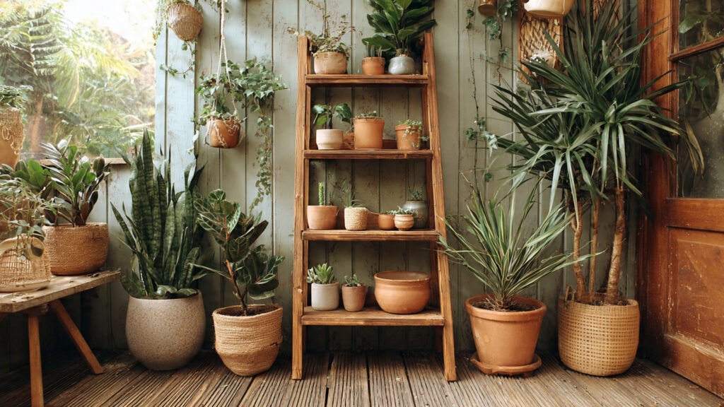 20 Beautiful Boho Patio Ideas For a Dreamy Outdoor Space editorial style photography of a ladder shelf lean