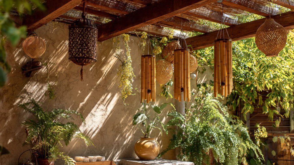 20 Beautiful Boho Patio Ideas For a Dreamy Outdoor Space editorial style photography of bamboo wind chimes