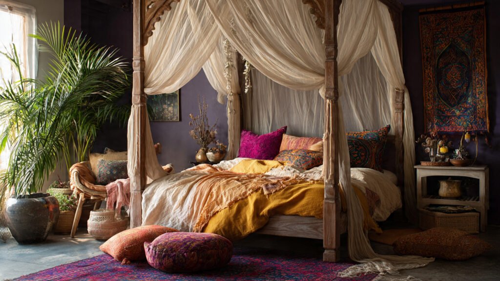 editorial style photography of boho bedroom with a