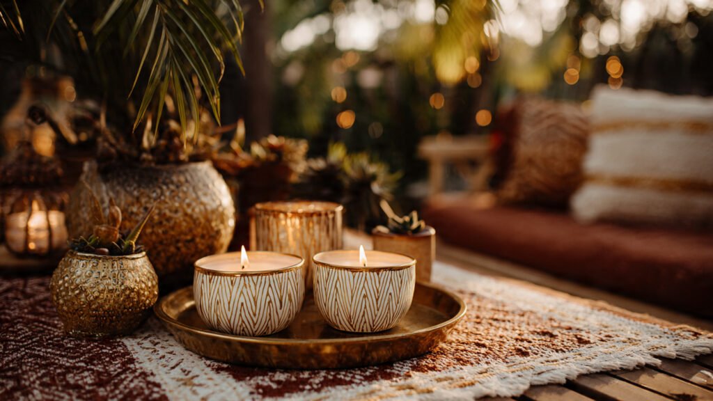 20 Beautiful Boho Patio Ideas For a Dreamy Outdoor Space editorial style photography of citronella candles