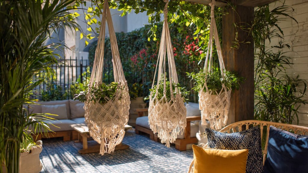 20 Beautiful Boho Patio Ideas For a Dreamy Outdoor Space editorial style photography of macrame plant hange