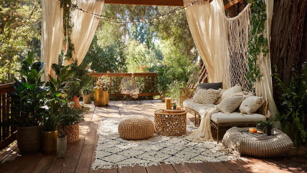 20 Beautiful Boho Patio Ideas For a Dreamy Outdoor Space editorial style photography of outdoor curtains in