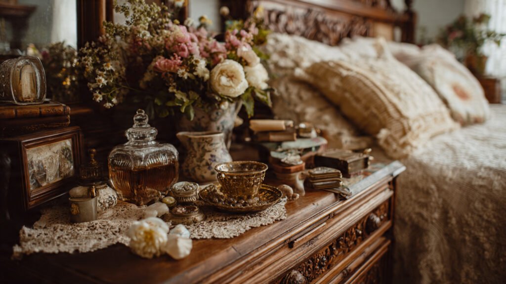 20 Dreamy Cottagecore Bedroom Ideas For The Ultimate Cozy Space editorial style photography of vintage trinkets as