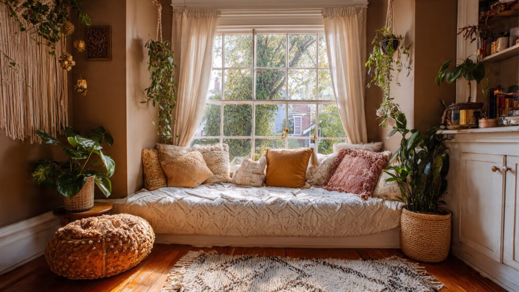 editorial style photography ofa boho bedroom with 