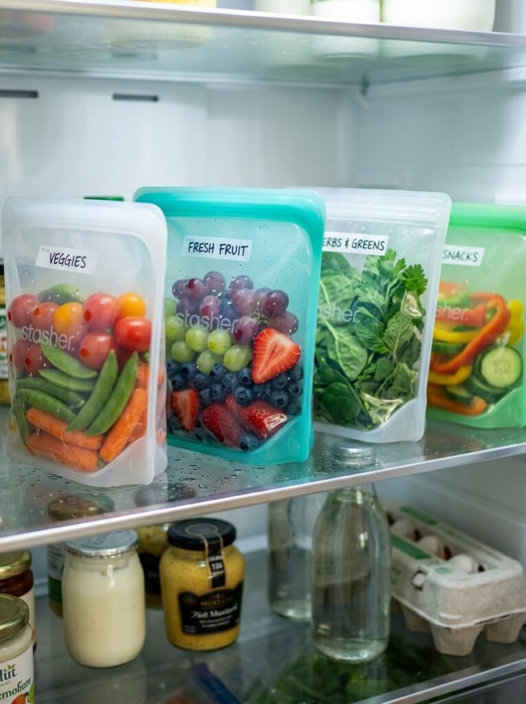 18 Clever Fridge Organization Ideas to Keep Everything Tidy food stored inside silicone storage bags