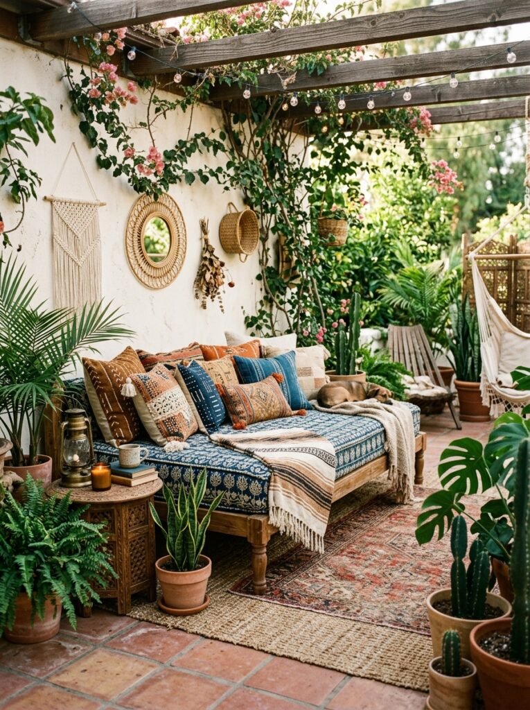 20 Beautiful Boho Patio Ideas For a Dreamy Outdoor Space boho patio with a daybed