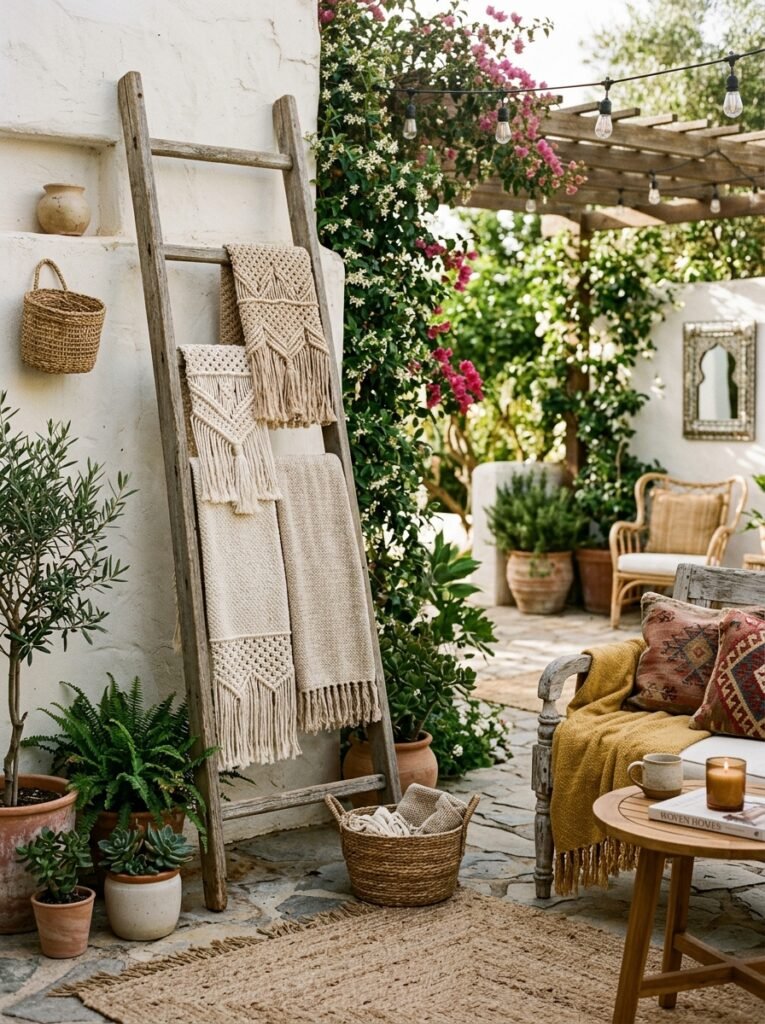20 Beautiful Boho Patio Ideas For a Dreamy Outdoor Space boho patio with ladder shelf hanging macrame towels