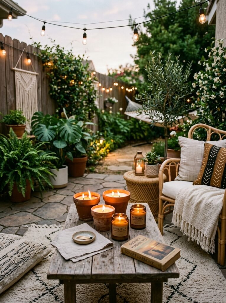 20 Beautiful Boho Patio Ideas For a Dreamy Outdoor Space boho patio with citronella candles