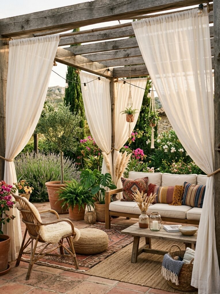 20 Beautiful Boho Patio Ideas For a Dreamy Outdoor Space boho patio with outdoor curtains