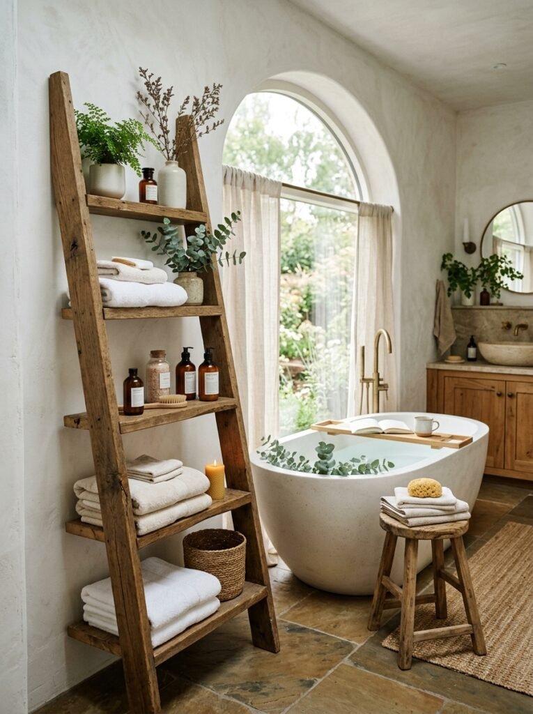 18 Elegant Spa-Like Bathroom Ideas For The Ultimate Retreat spa bathroom with ladder shelf