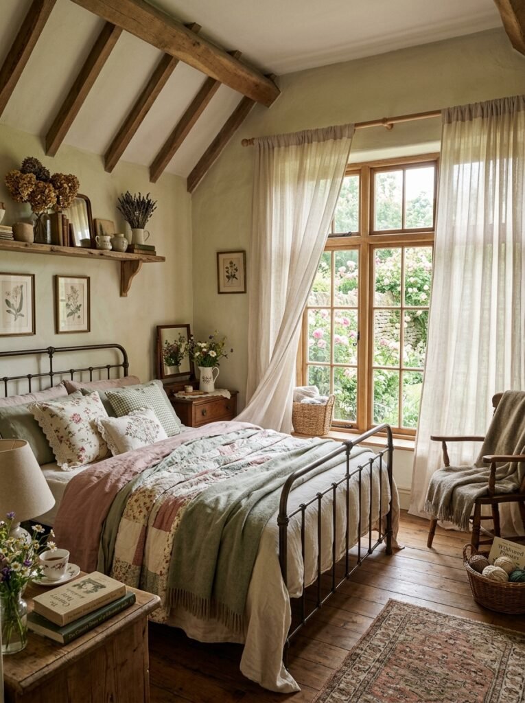 cottagecore bedroom with sheer linen curtains