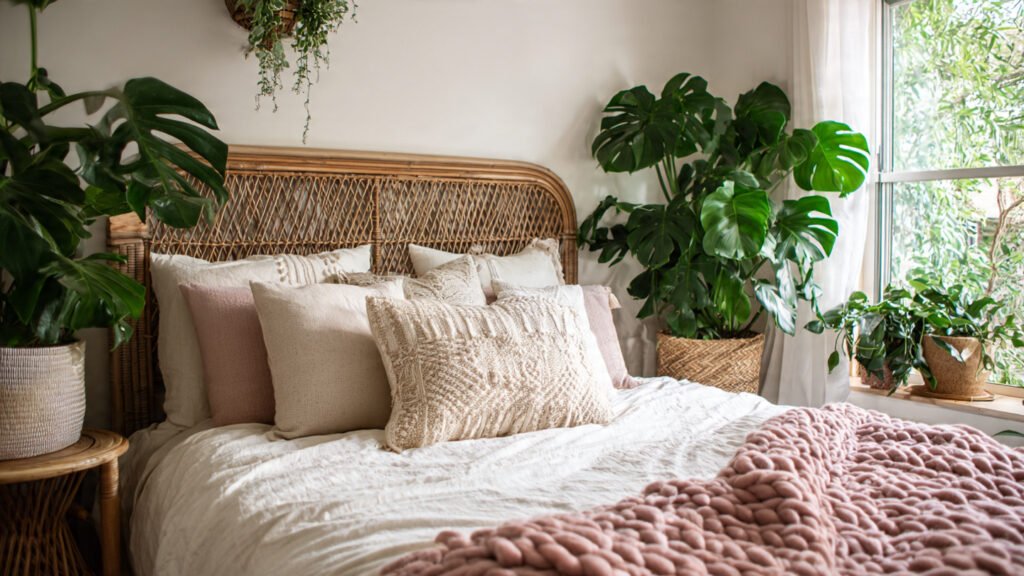 editoril style photography of a boho bedroom with 