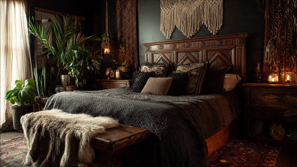 editroial style photography of a dark tone boho be