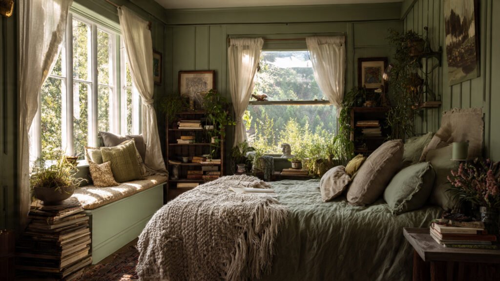 20 Dreamy Cottagecore Bedroom Ideas For The Ultimate Cozy Space sage green cottagecore bedroom editorial style pho
