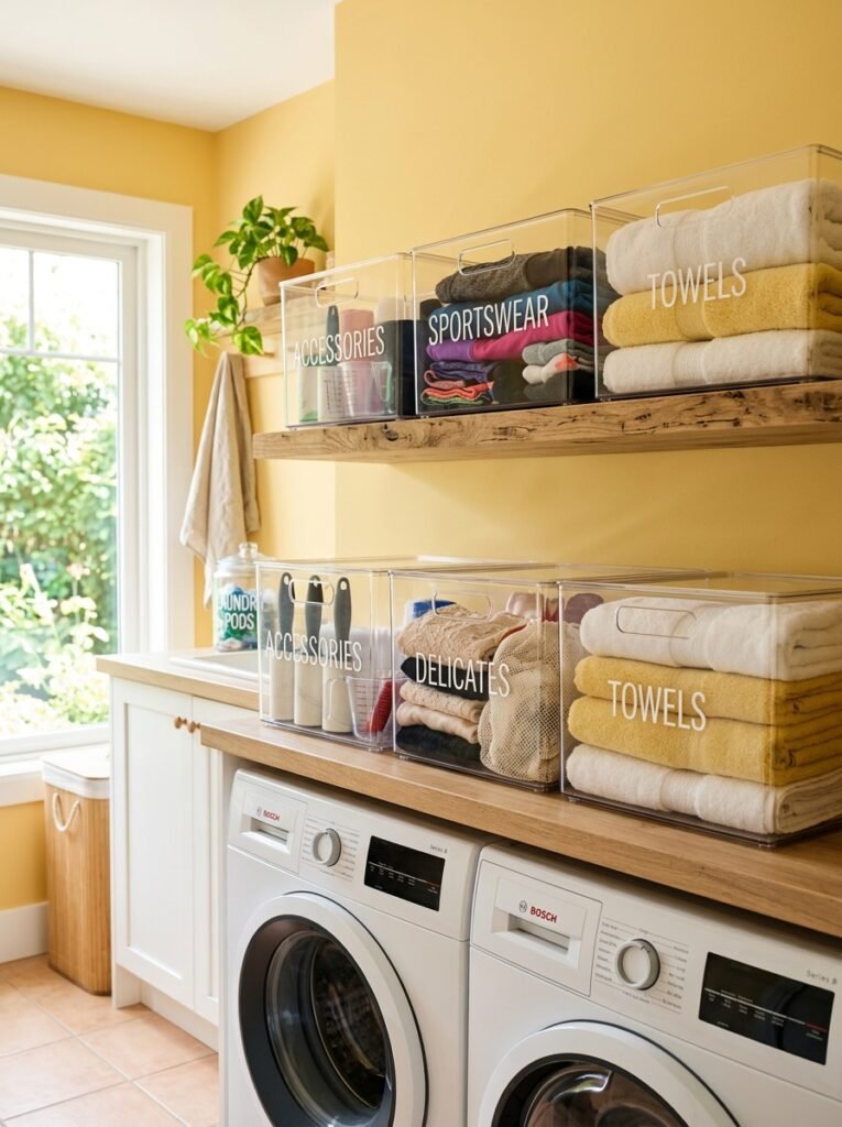 14 Smart Laundry Room Organization Ideas That Actually Work acrylic bins in laundry room