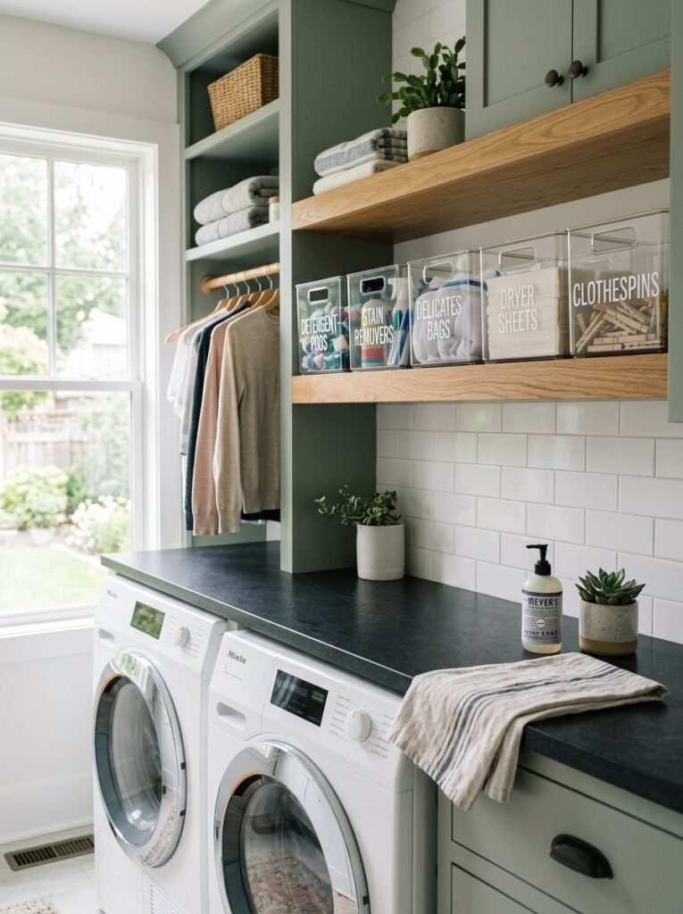 14 Smart Laundry Room Organization Ideas That Actually Work labelled acrylic bins inside laundry room