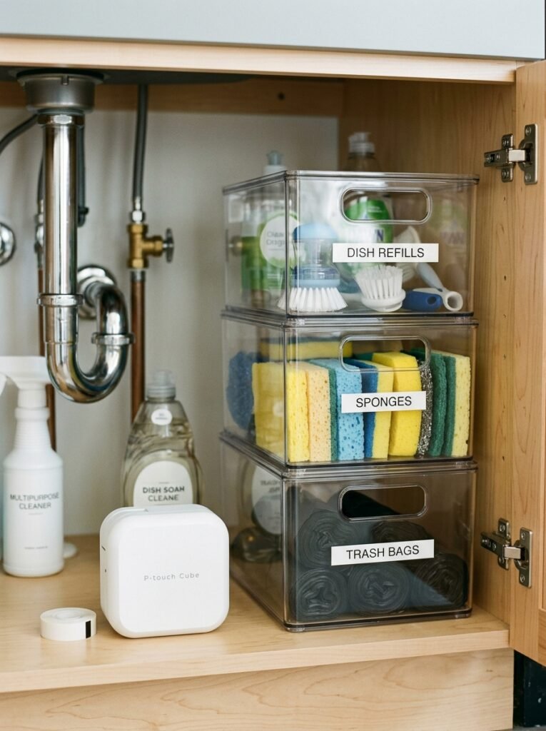 labeled acrylic bins under the kitchen sink
