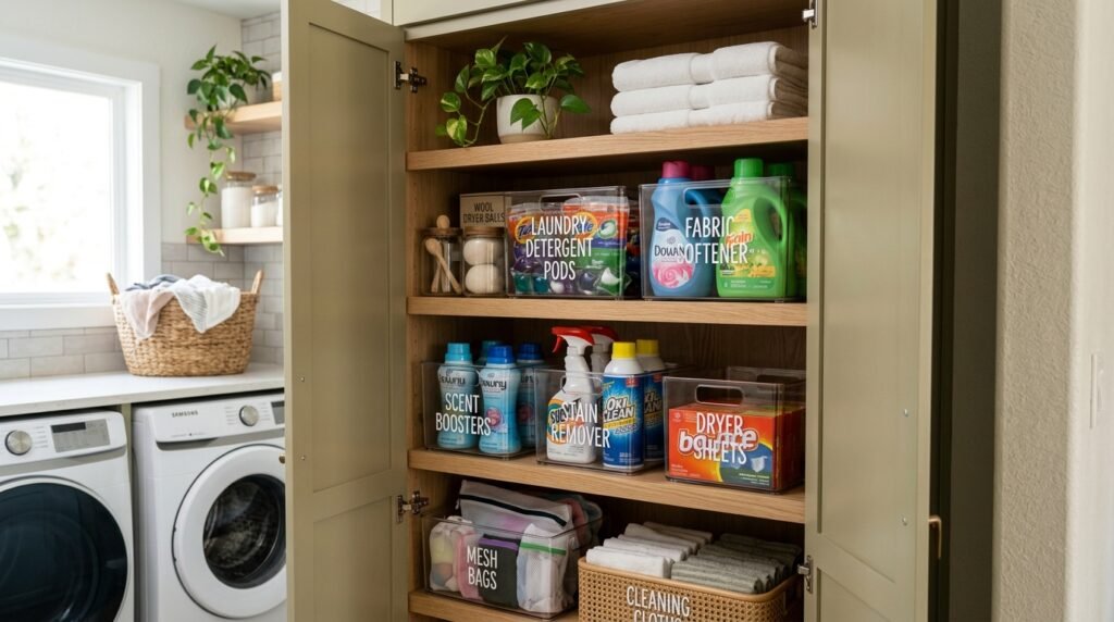 14 Smart Laundry Room Organization Ideas That Actually Work acrylic bins storing laundry stuff 202605160836