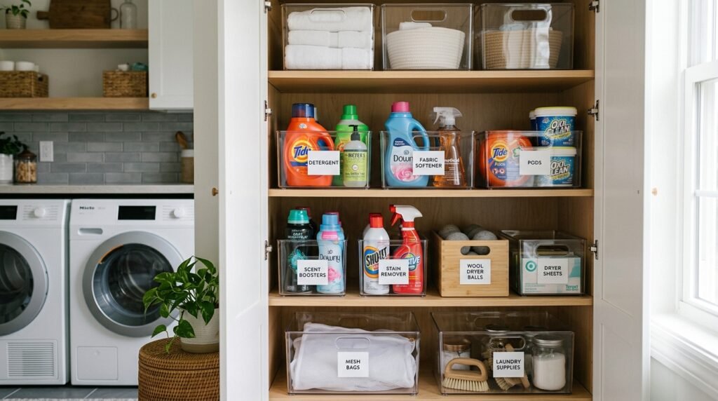 14 Smart Laundry Room Organization Ideas That Actually Work acrylic bins storing laundry stuff 202605160838