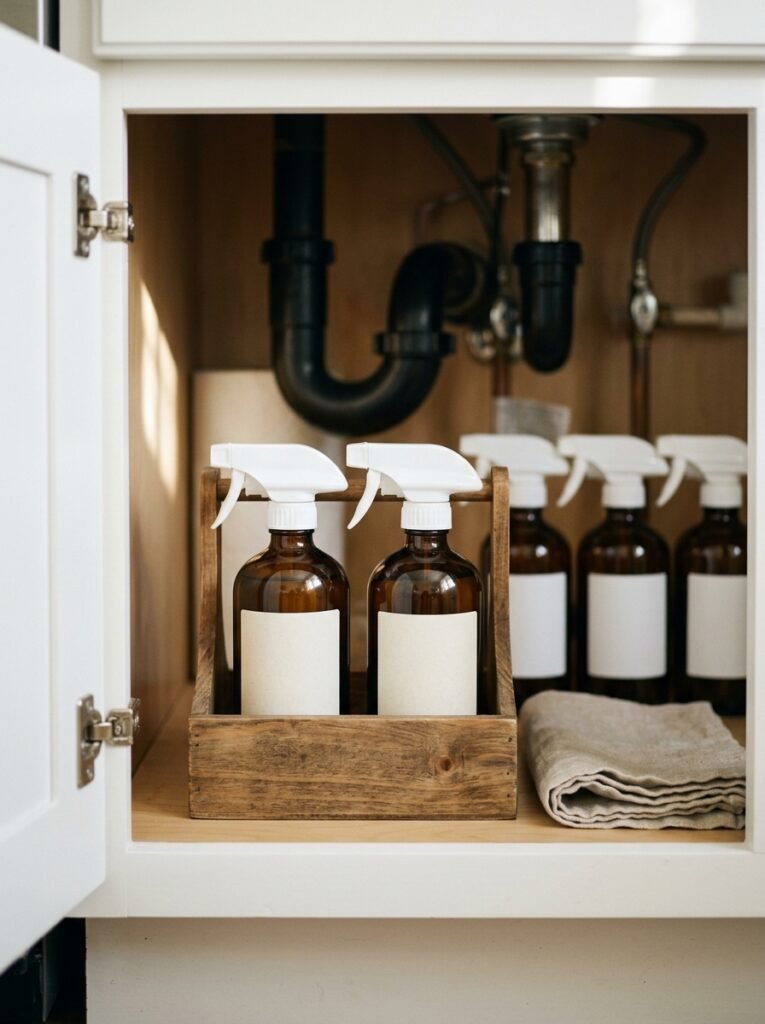 matching amber spray bottles under the sink