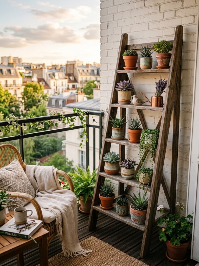 apartment balcony with ladder shelf 202606141624