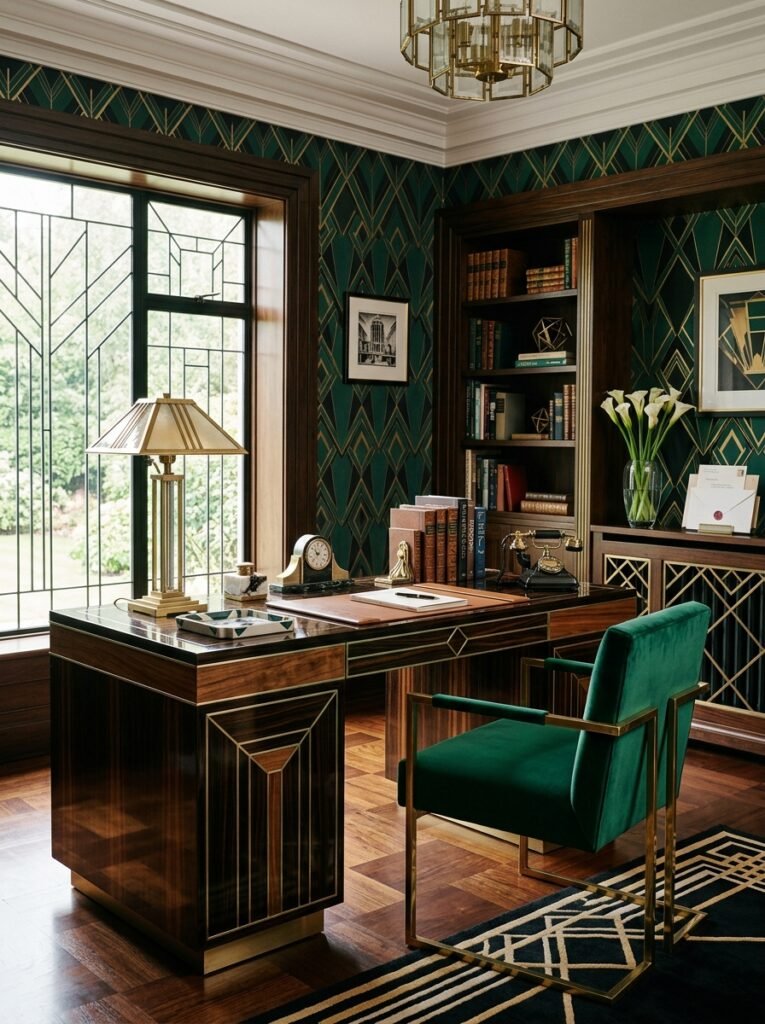 art deco desk setup with emerald wall and gold accents