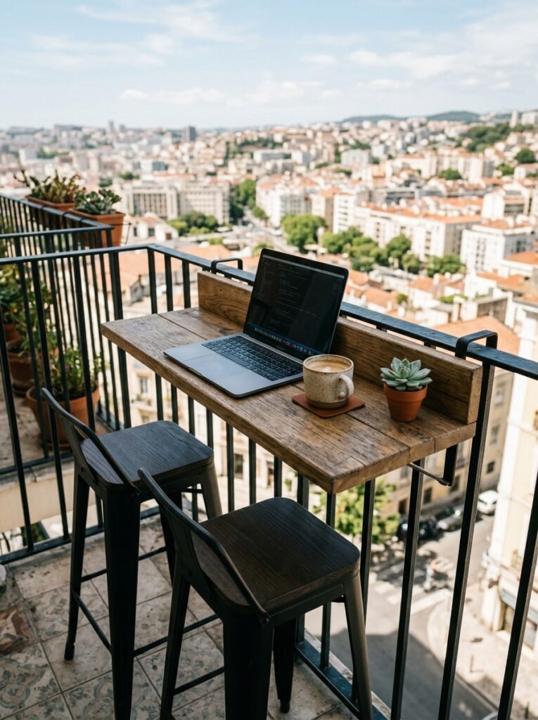 railing bar table with stools on a balcony