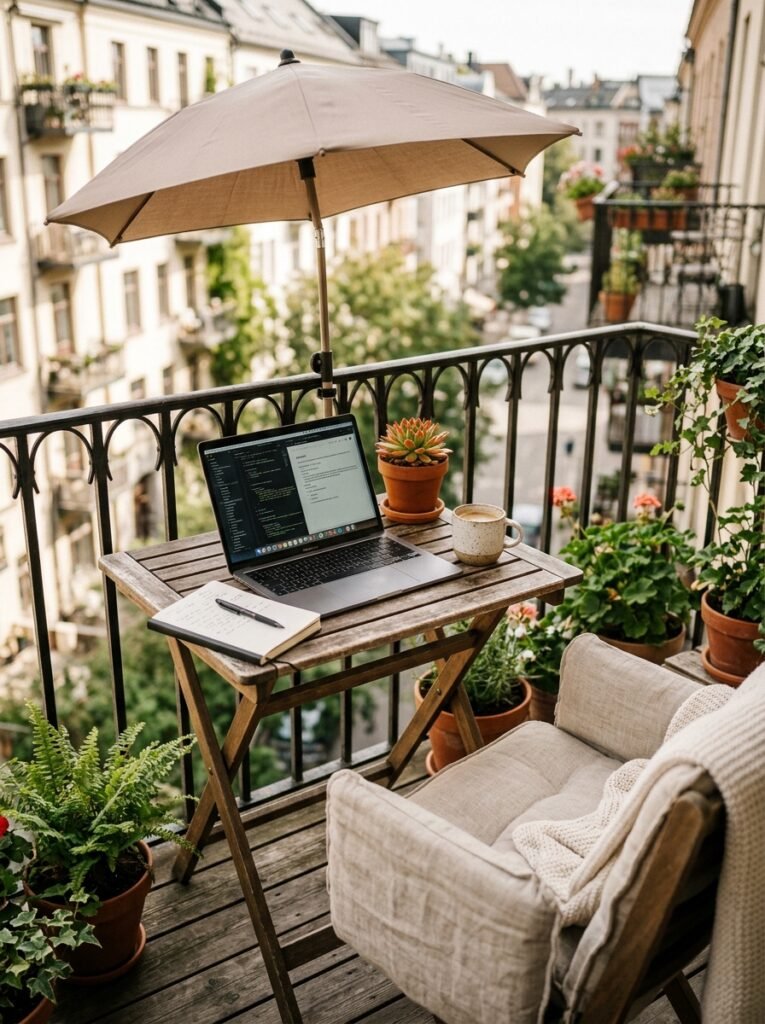 small home office set up on a balcony