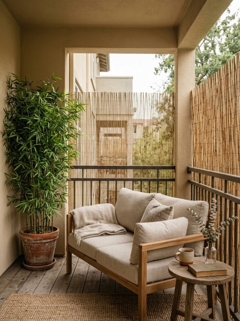 reed privacy screen along a balcony railing