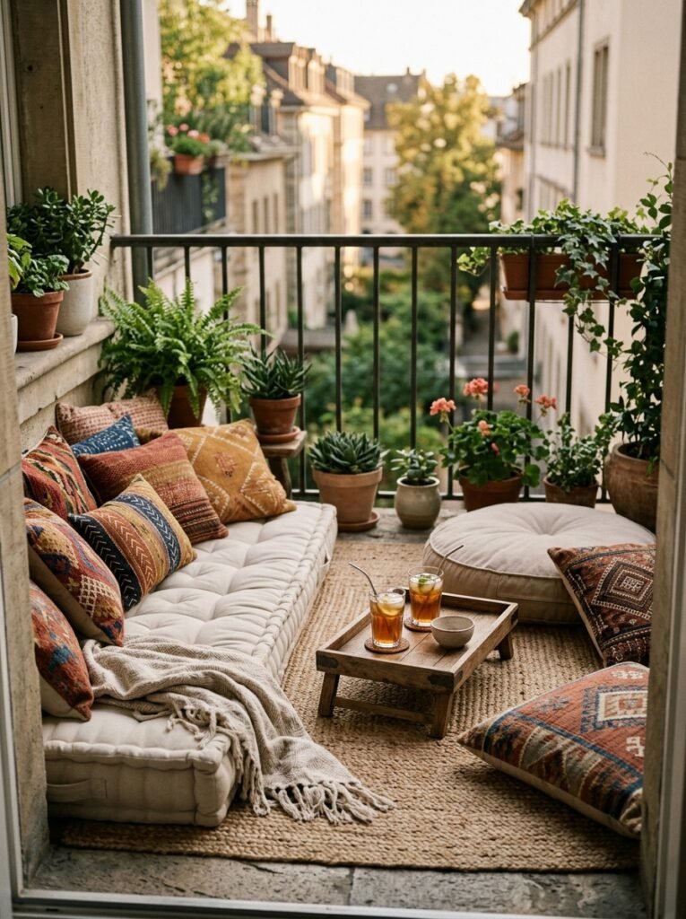 low floor cushion lounge on a small balcony
