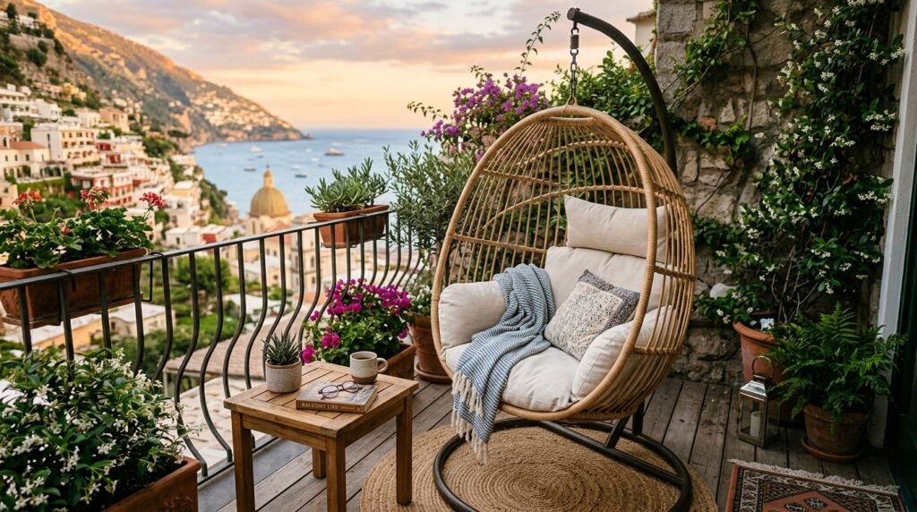balcony with wicker egg chair 202605261745