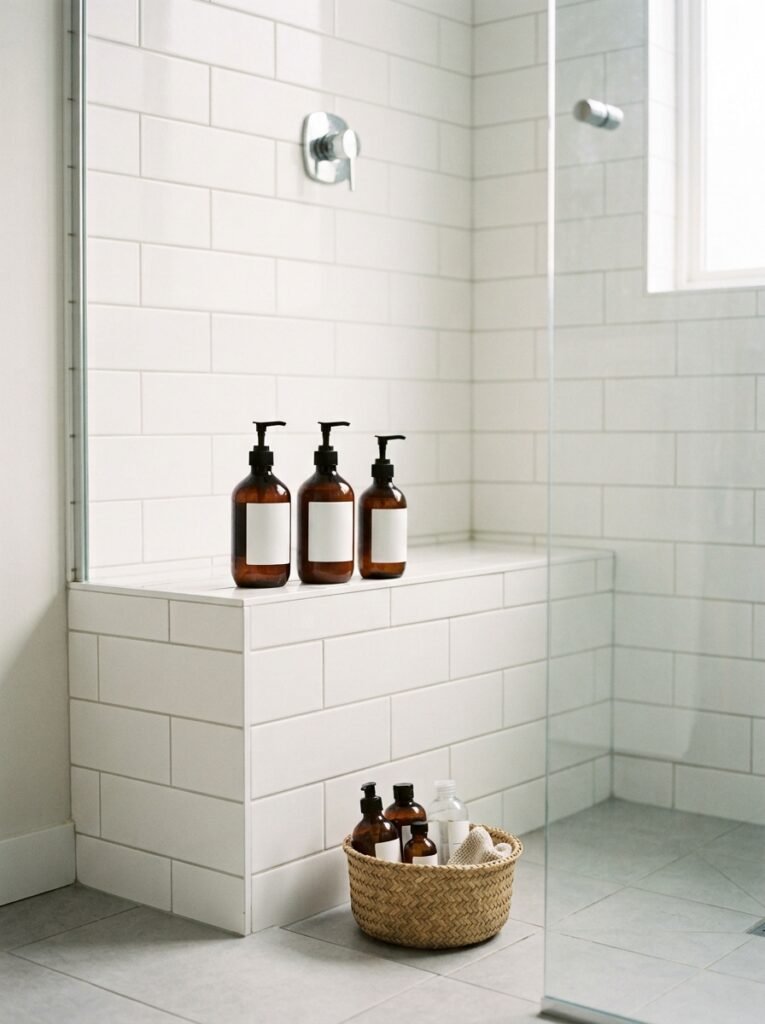 minimal shower ledge with only three essential bottles