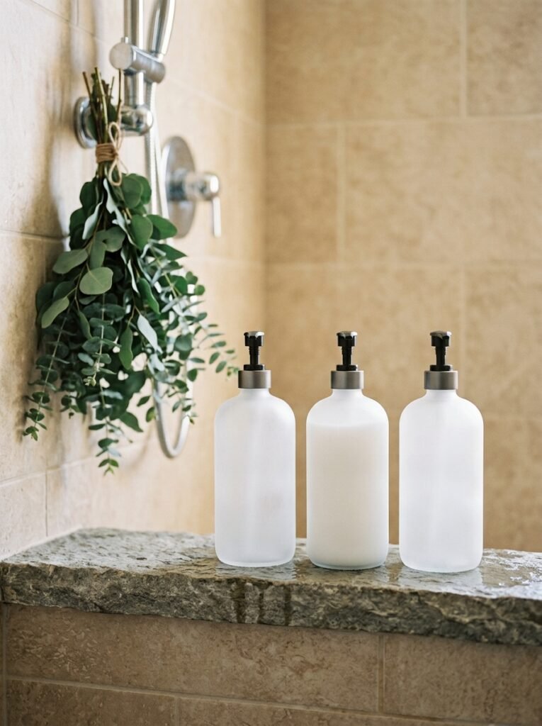 matching frosted pump bottles on a shower ledge