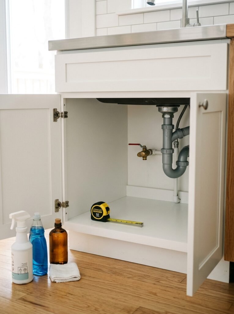 empty clean under sink cabinet ready to organize
