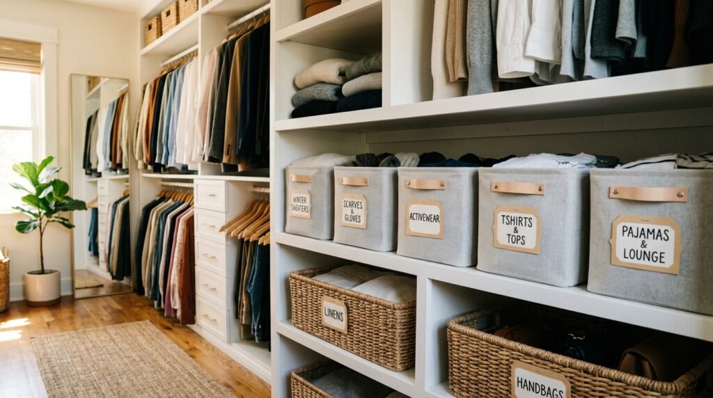 closet with labels on bins 202605030934