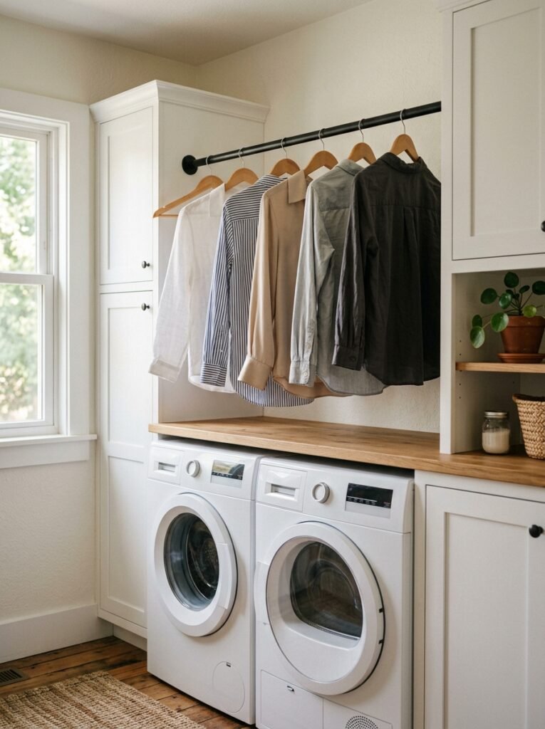 hanging rod with drying shirts above a washer and dryer