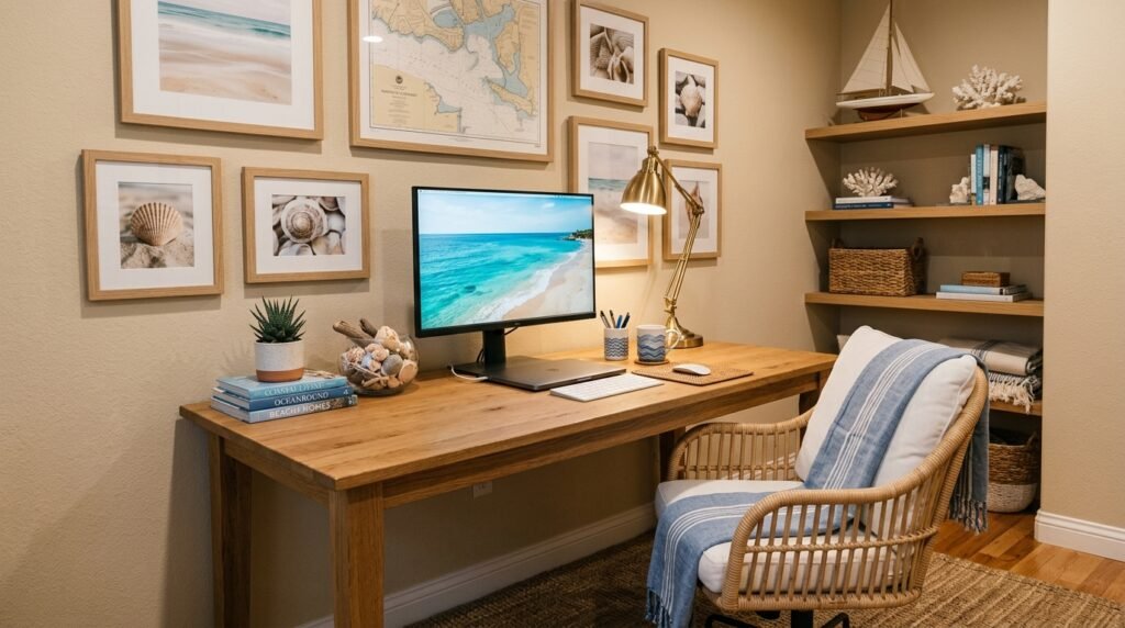 15 Aesthetic Desk Setup Ideas For a Stylish Office coastal beach home office desk 202605201749