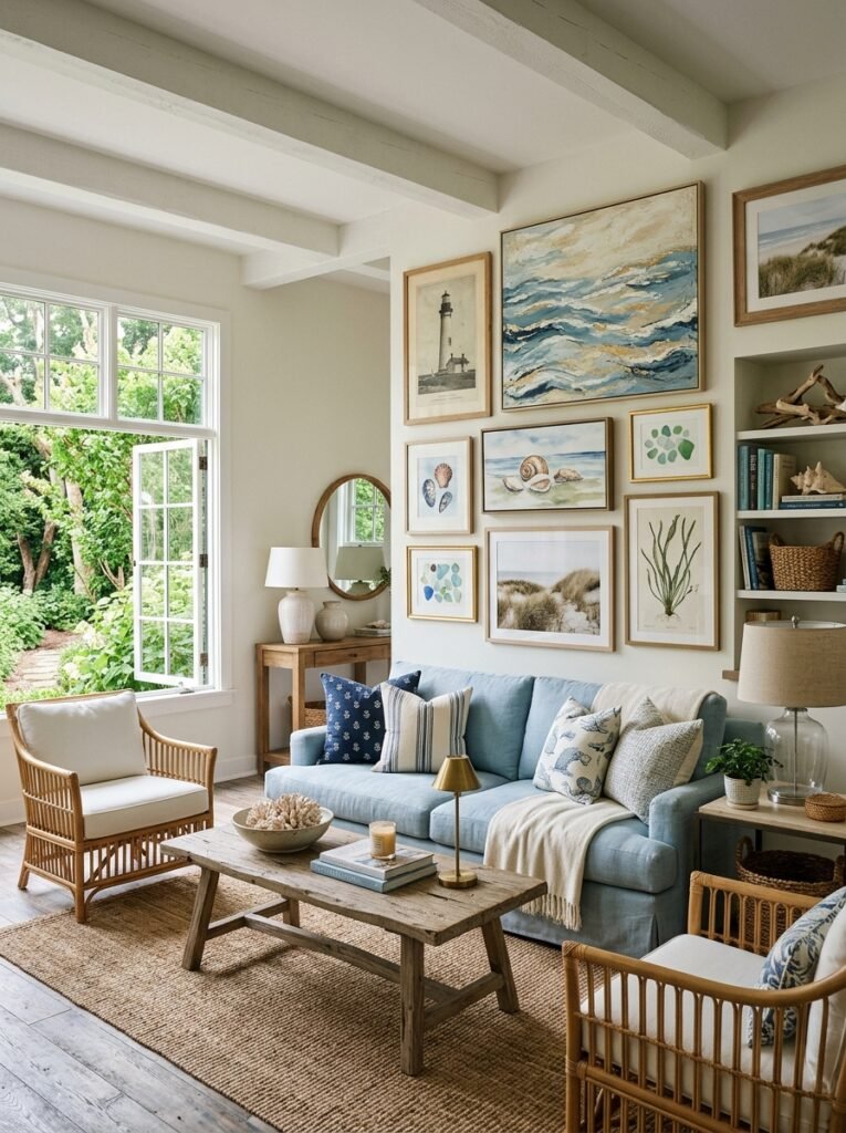 coastal living room with coastal artwork 