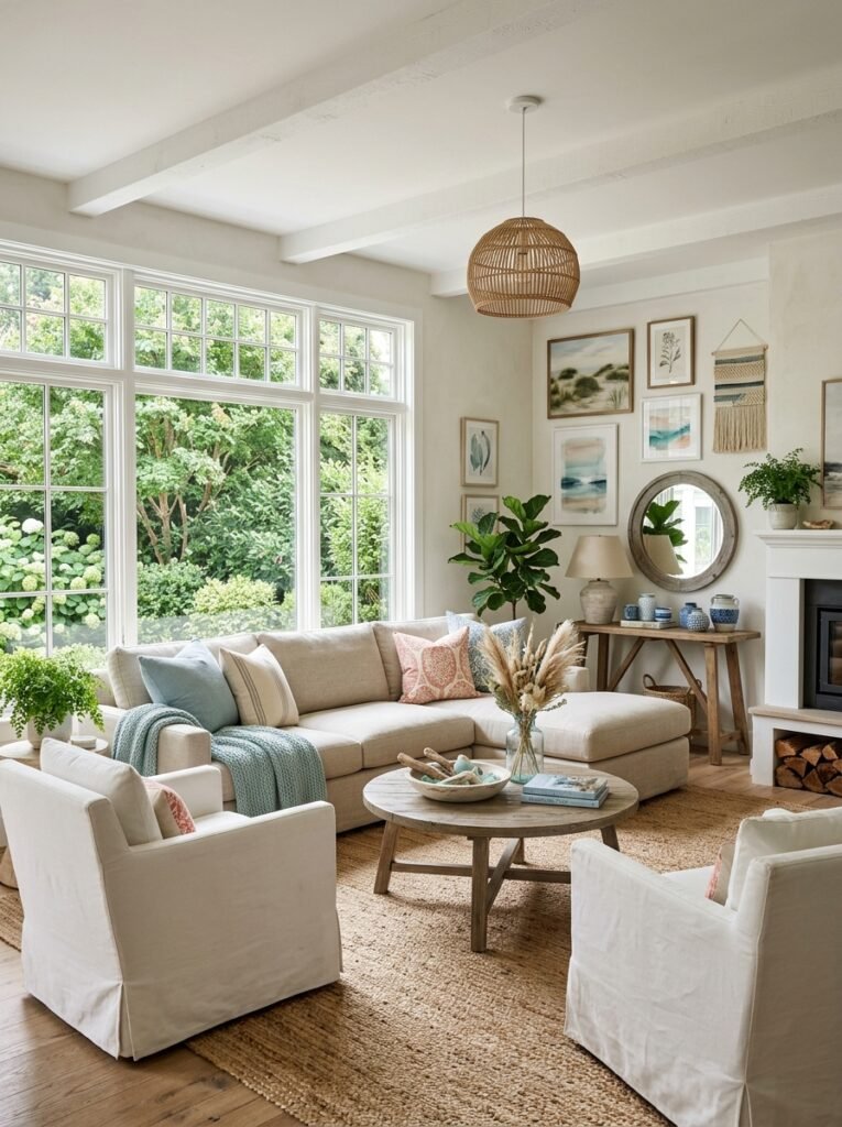 coastal living room with coastal palette 