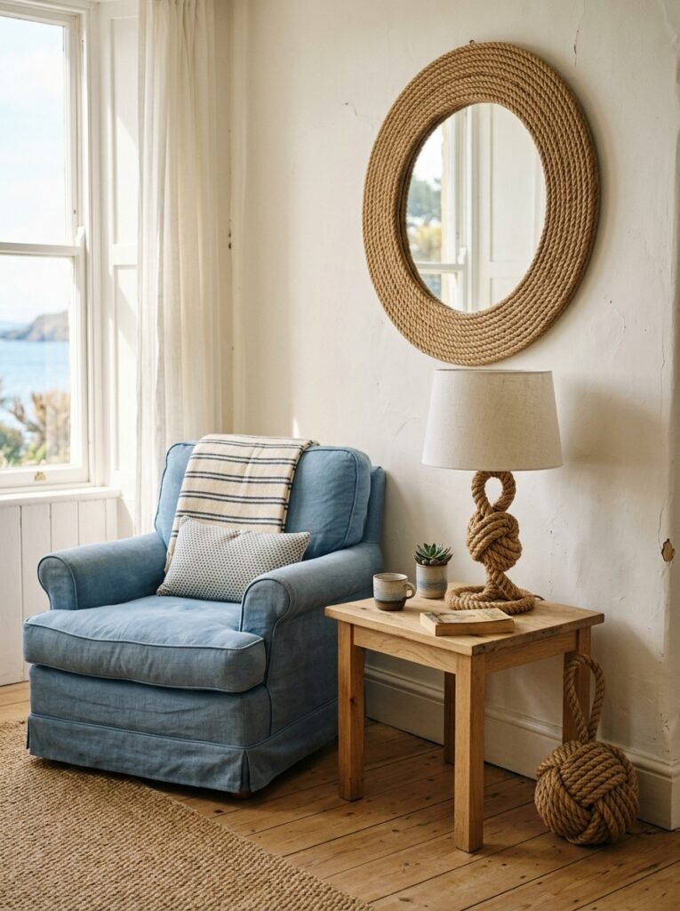 rope mirror and rope lamp in a coastal living room