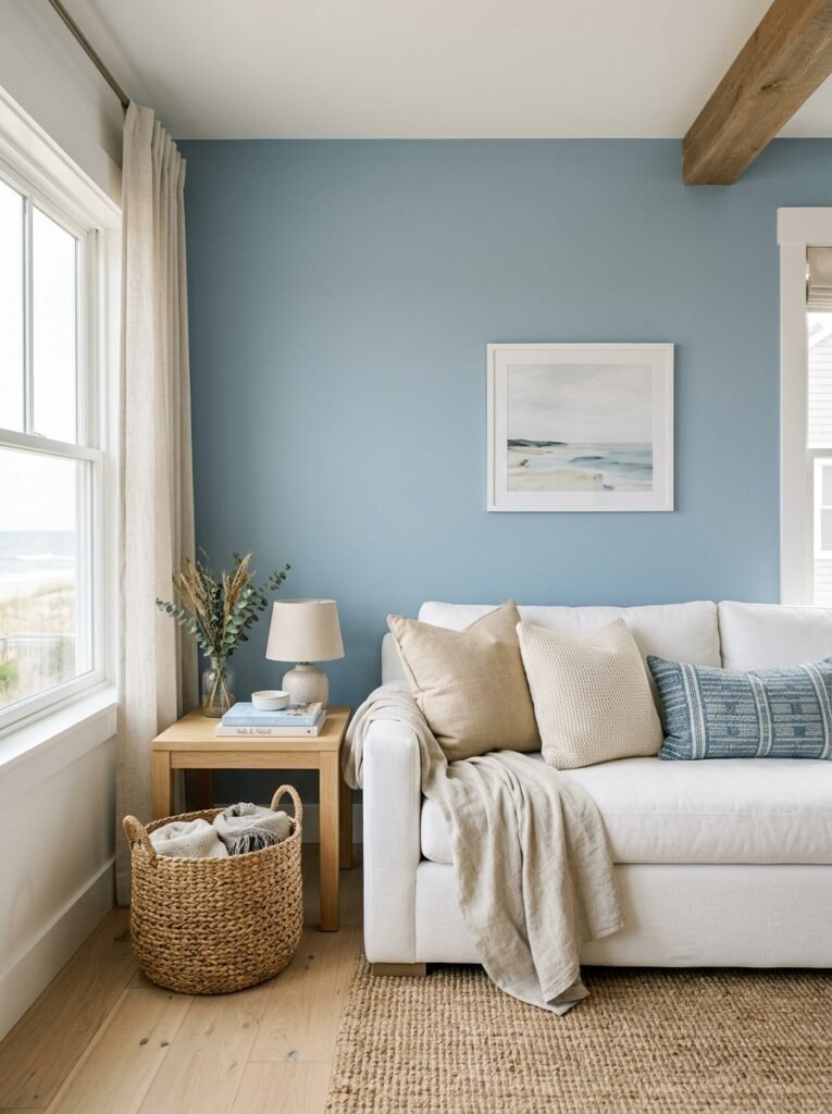 coastal living room with a soft blue accent wall