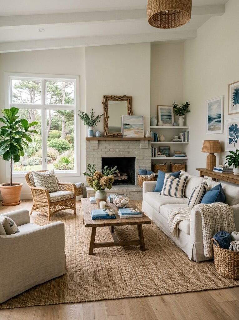 coastal living room with jute rug 