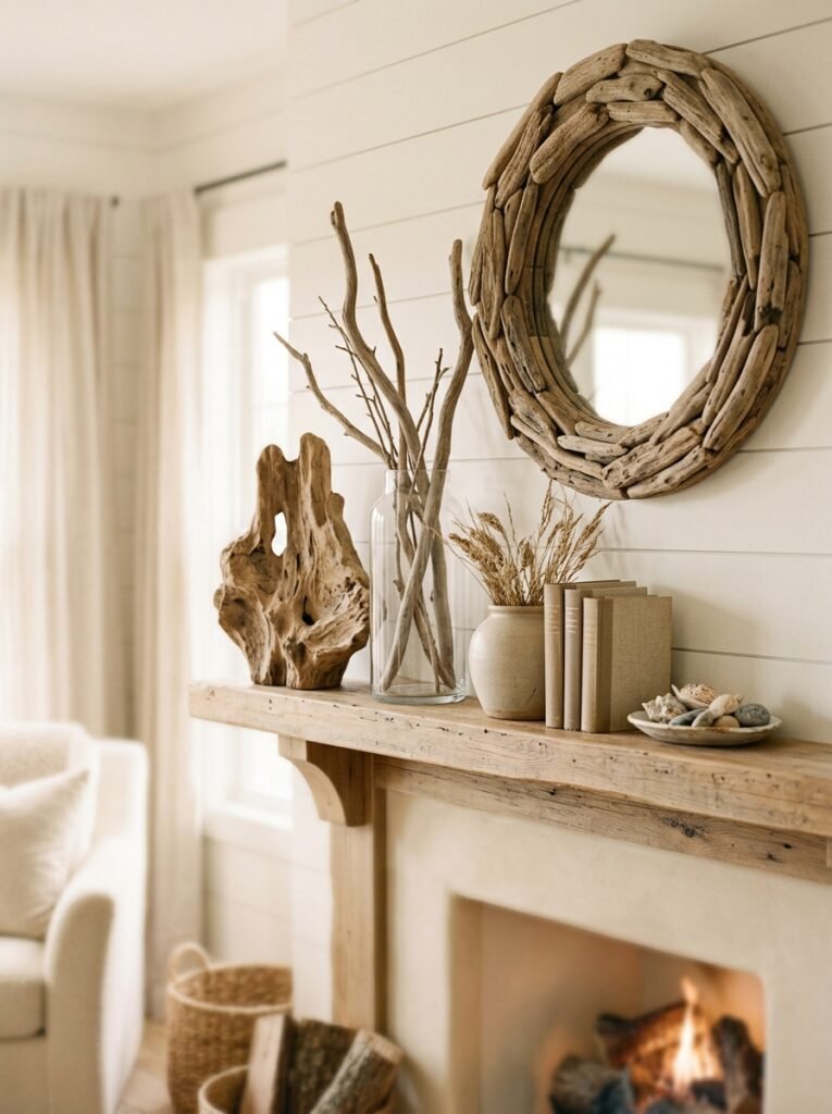 driftwood decor on a coastal living room mantel
