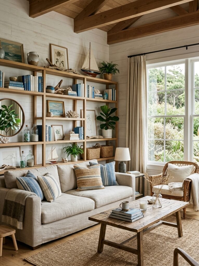 coastal living room with open shelving 