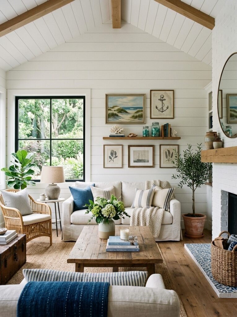 coastal living room with shiplap walls 