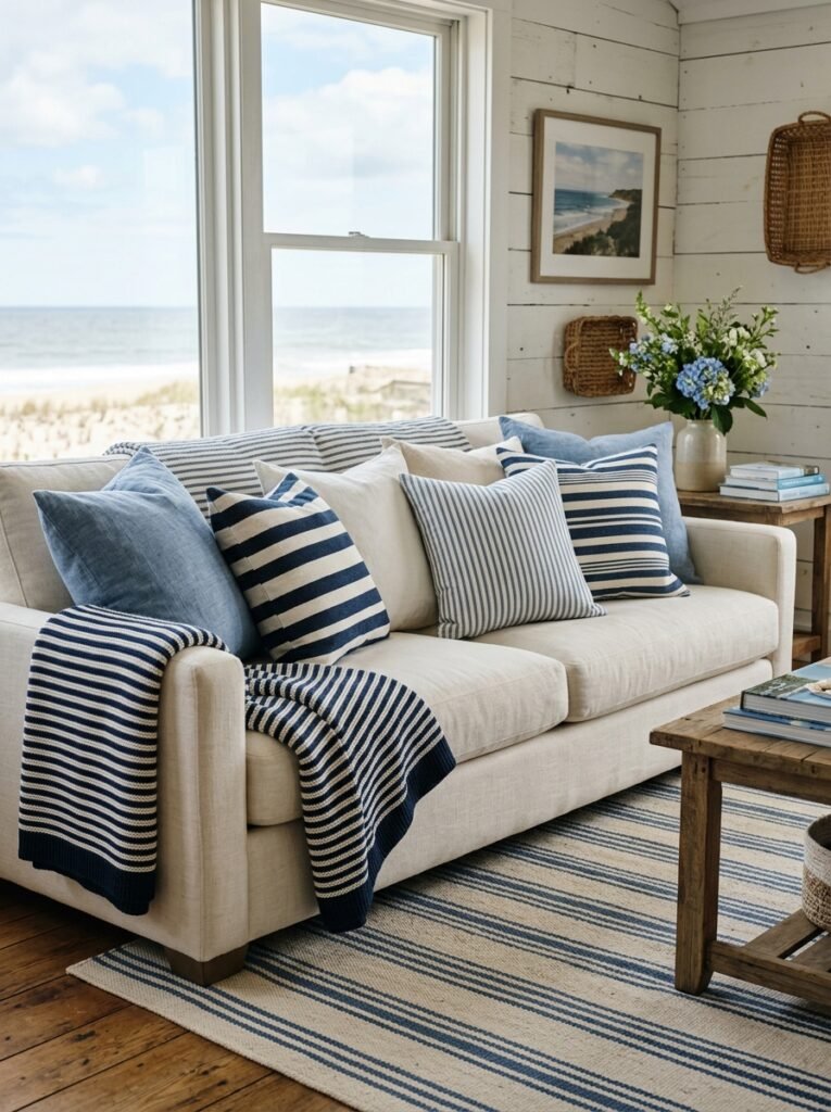 blue and white striped pillows on a coastal sofa