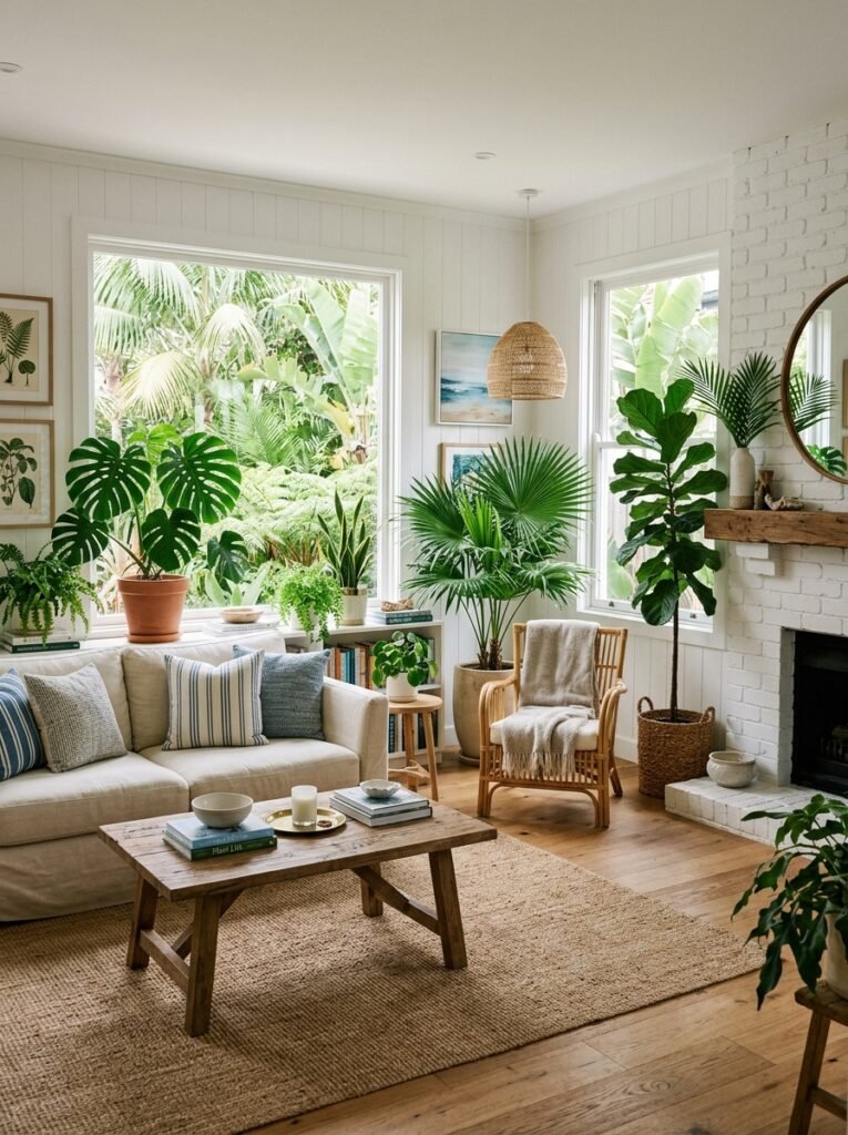 coastal living room with tropical plants 