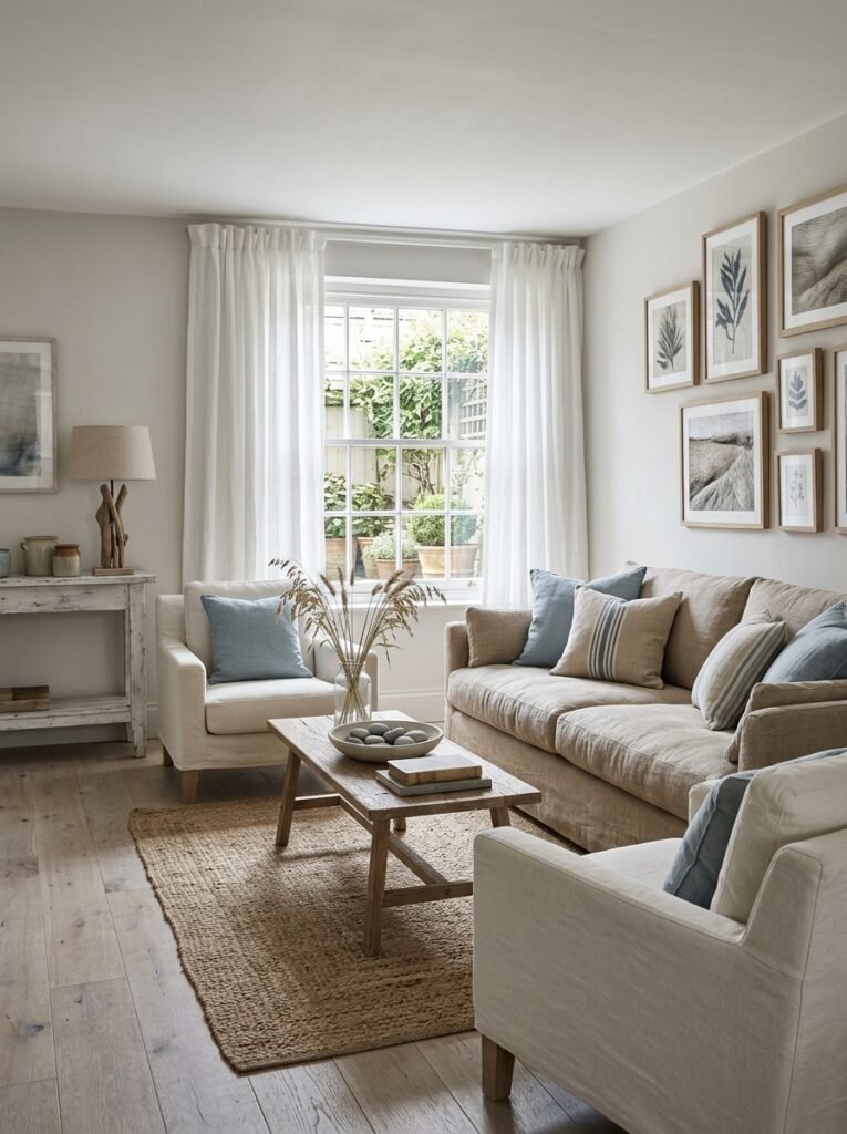 coastal living room with linen upholstery 