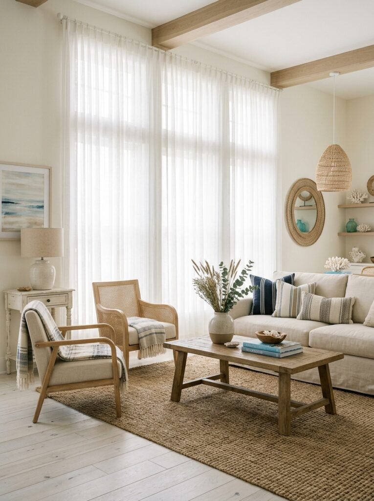 coastal living room with  white curtains 