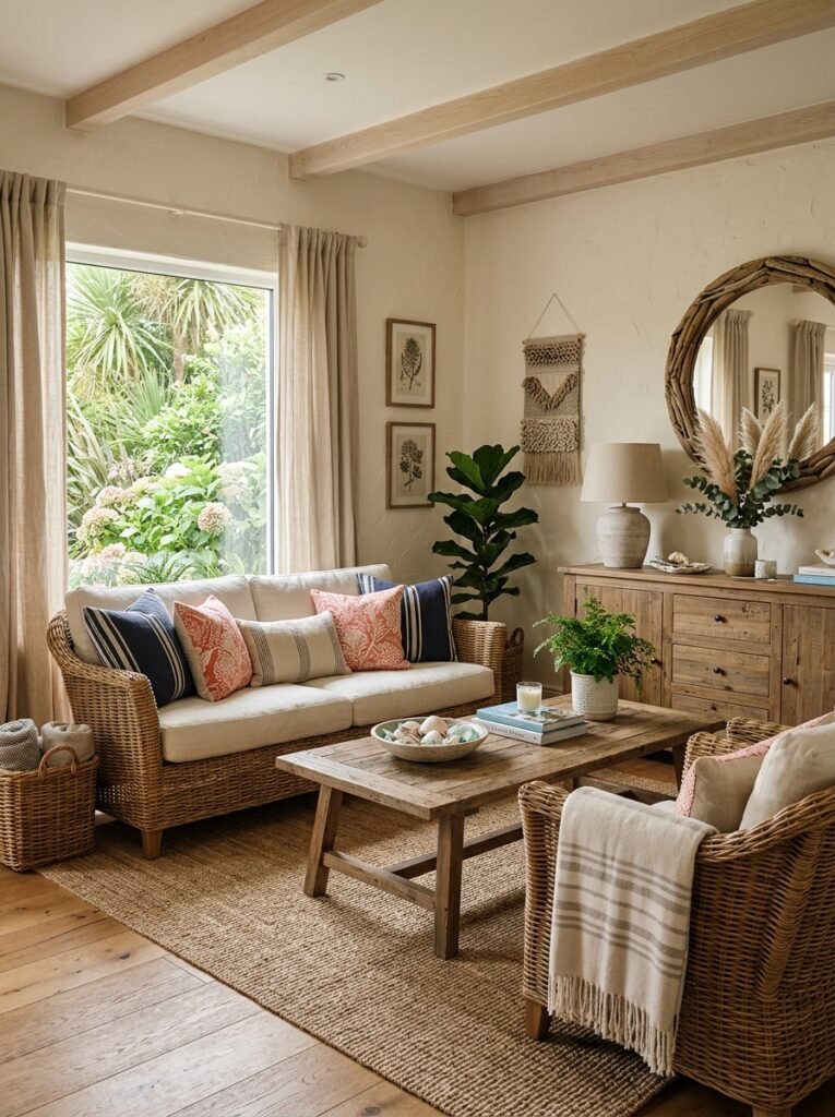 coastal living room with wicker furniture